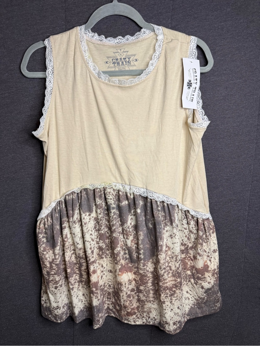Crazy Train "Bosshide" Cowhide Print Sleeveless Lace Trim Tunic Top - Women's XL